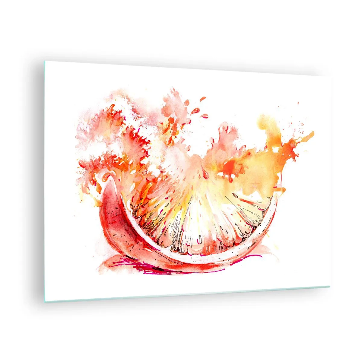 Üveg kép - Akvarell festmény egy lédús grapefruit szegmensről mozgásban - 70x50cm - Lédús frissítés - Modern fali dekoráció nappalihoz és hálószobához ARTTOR