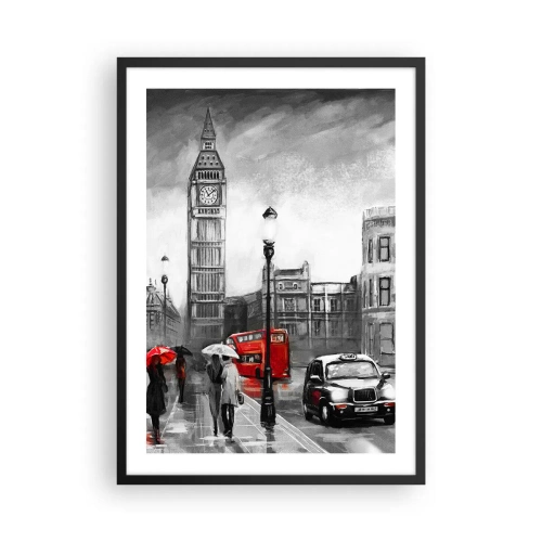 Poszter fehér keretben - Big Ben egy esős napon, piros díszítéssel - 50x70cm - Egyáltalán nem szürke város - Modern fali dekoráció nappalihoz és hálószobához ARTTOR
