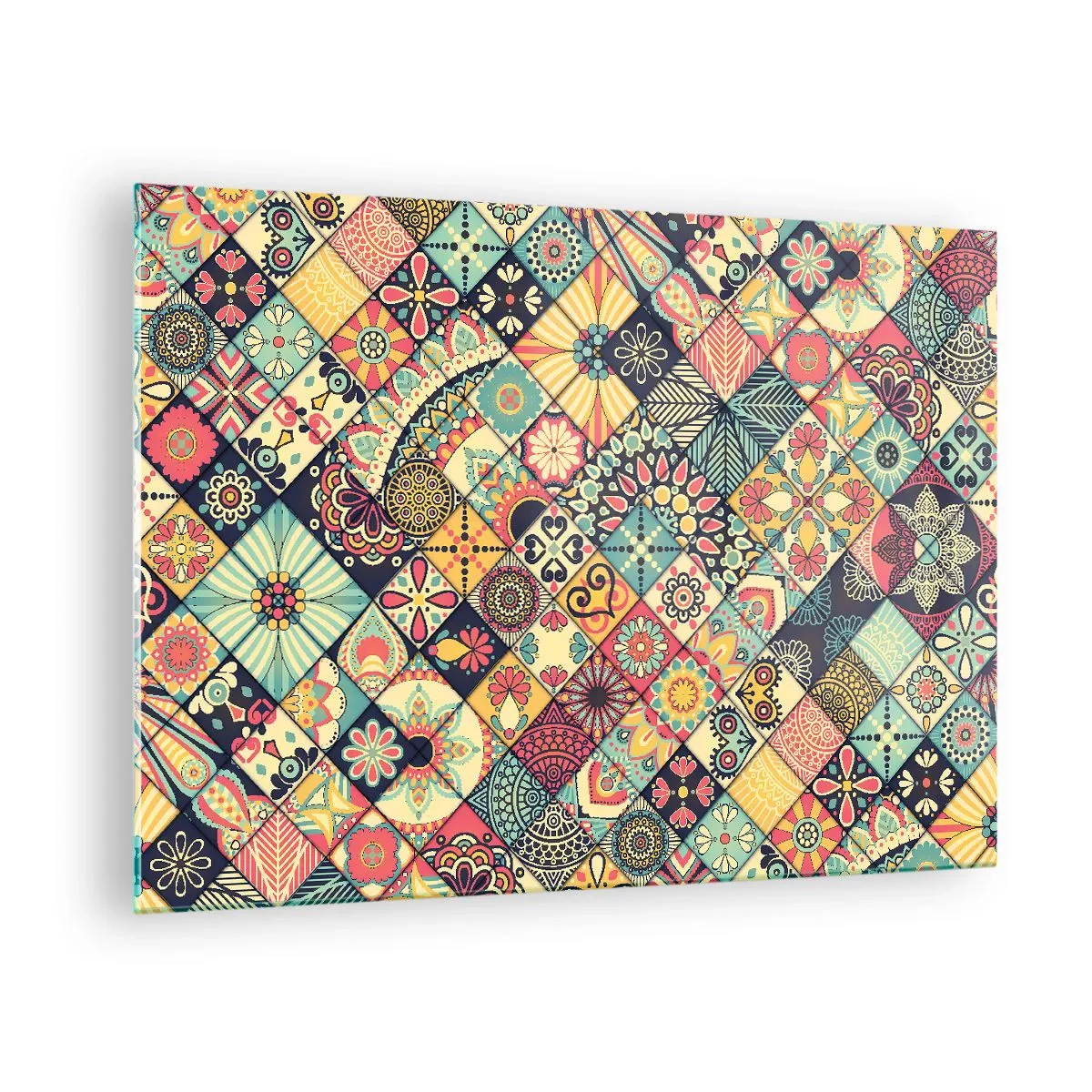 Üveg kép - Színes, marokkói csempék ihlette minta geometrikus motívumokkal - 70x50cm - Marokkói hangulat - Modern fali dekoráció nappalihoz és hálószobához ARTTOR