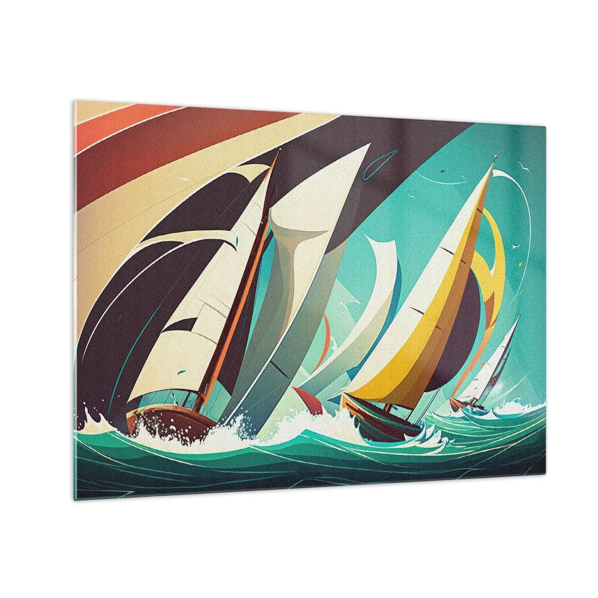 Üveg kép - Vitorlások retro stílusú illusztrációja viharos tengeren - 70x50cm - Közelről és személyesen az elemekkel - Modern fali dekoráció nappalihoz és hálószobához ARTTOR