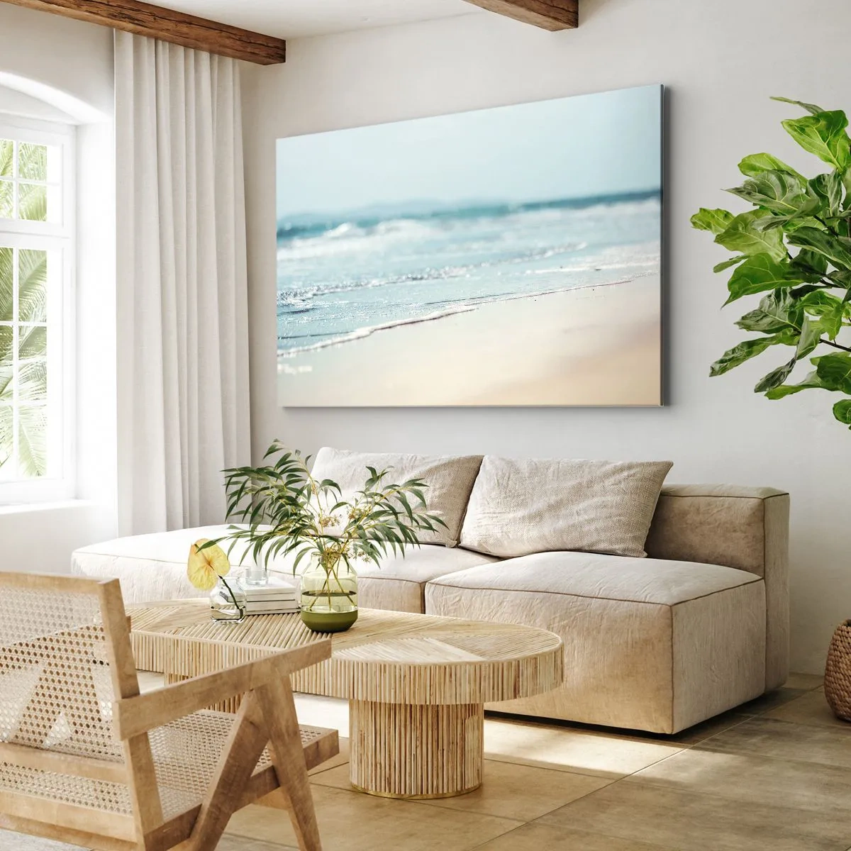 Vászonkép - Gyengéd óceáni hullámok a homokos tengerparton - 70x50cm - Hő és zaj - Modern fali dekoráció nappalihoz és hálószobához ARTTOR