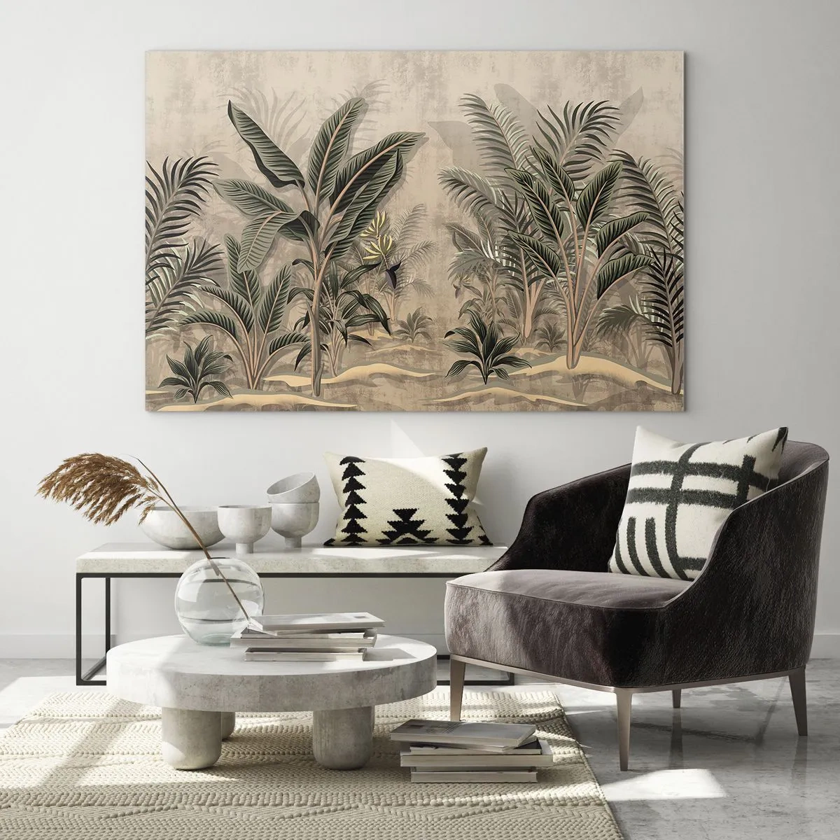 Üveg kép - Trópusi növények bézs alapon, gyarmati stílusban - 70x50cm - Gyarmati stílusú metszet - Modern fali dekoráció nappalihoz és hálószobához ARTTOR