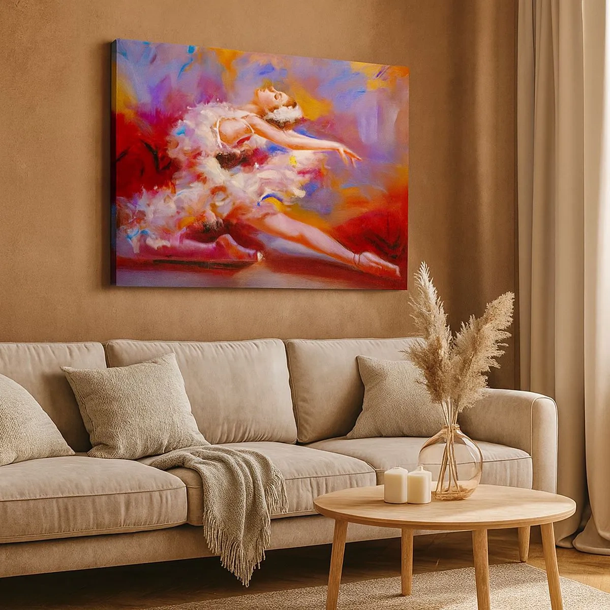 Vászonkép - Egy balerina dinamikus pózban pasztellszínek között. - 70x50cm - A hattyú eleganciája - Modern fali dekoráció nappalihoz és hálószobához ARTTOR