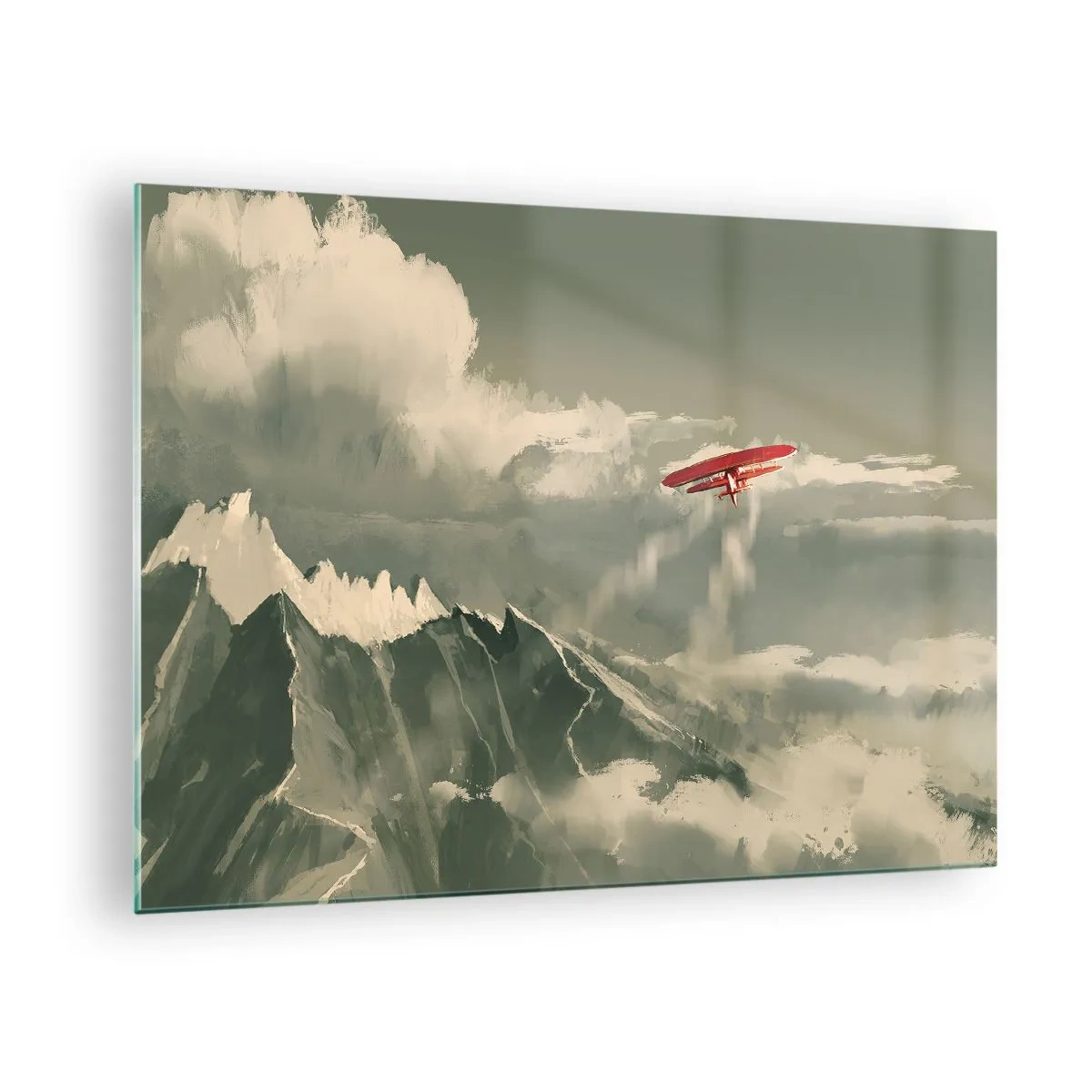 Üveg kép - Egy piros repülőgép repül a hófödte hegyek felett - 70x50cm - Rettenthetetlen úttörő - Modern fali dekoráció nappalihoz és hálószobához ARTTOR