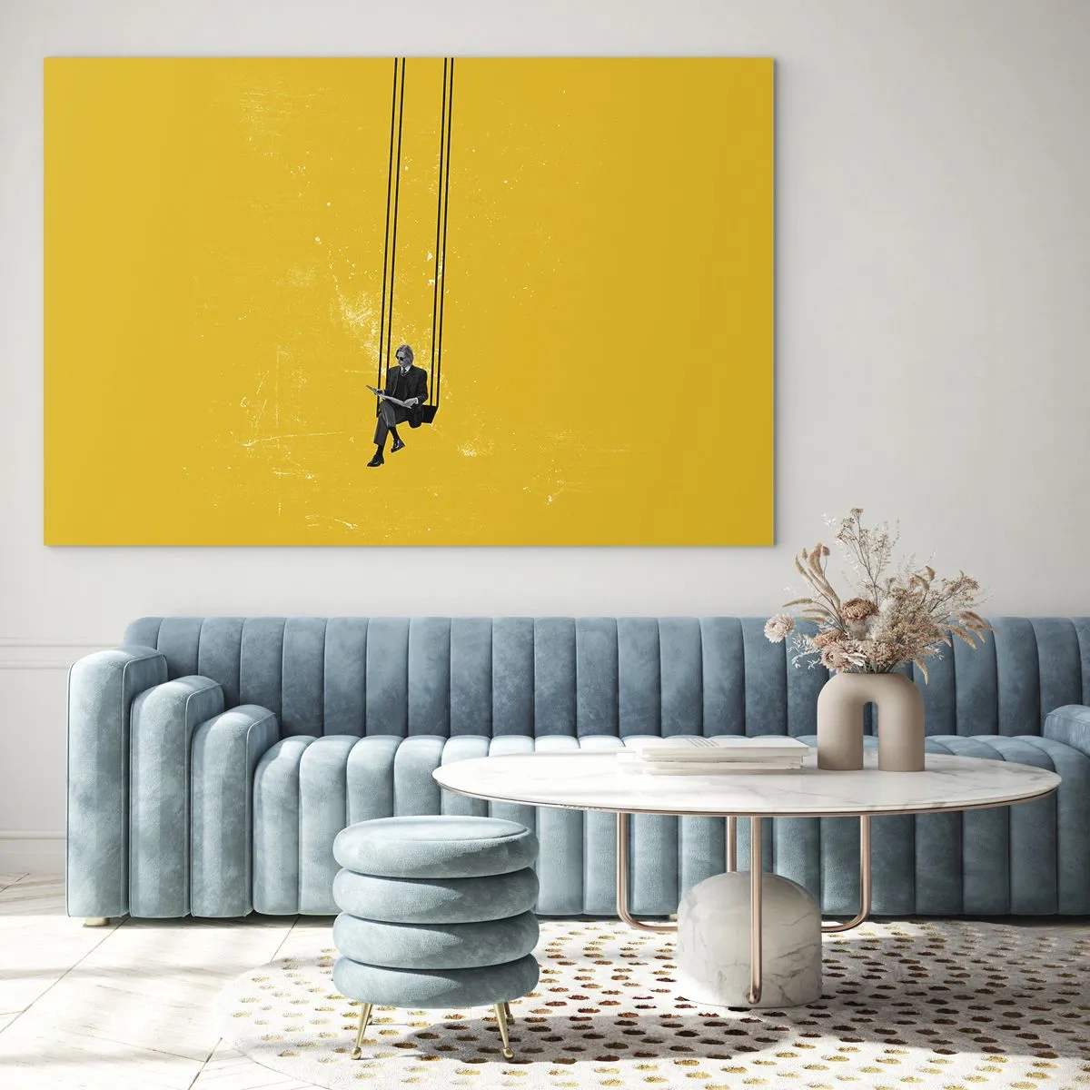 Üveg kép - Egy alak egy hintán lóg sárga háttér előtt - 70x50cm - Egy nap, mint a többi - Modern fali dekoráció nappalihoz és hálószobához ARTTOR