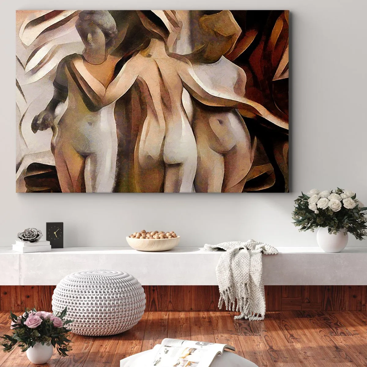Vászonkép - Egy absztrakt jelenet három meleg színű alakkal. - 70x50cm - Három Sárm 2.0 - Modern fali dekoráció nappalihoz és hálószobához ARTTOR