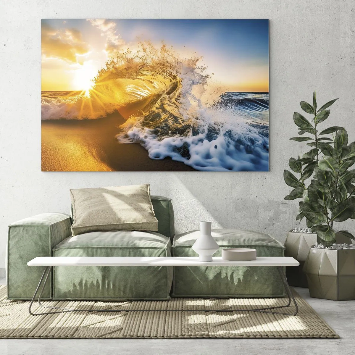 Üveg kép - Egy hullám csapódik a partnak, a lenyugvó nap sugarai megvilágítják - 70x50cm - Játék a homokban - Modern fali dekoráció nappalihoz és hálószobához ARTTOR