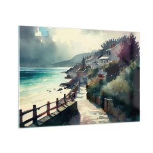 Üveg kép - Tengerparti sétány színes házakkal és vízzel - 70x50cm - Mediterrán város - Modern fali dekoráció nappalihoz és hálószobához ARTTOR