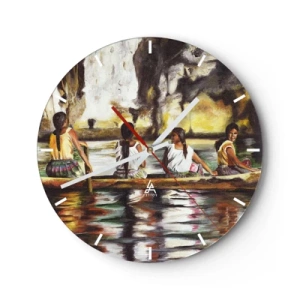 Falióra, Óra - Nők egy hajón trópusi tájban, vízzel és sziklákkal - 30x30cm - Egy polinéz paradicsomban - Modern fali dekoráció nappalihoz, konyhához és hálószobához ARTTOR