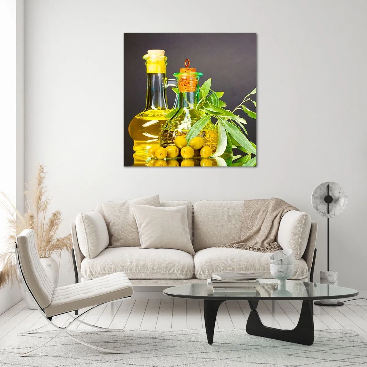 Üveg kép - Csendélet olívabogyóval és olívaolajjal - 60x60 cm