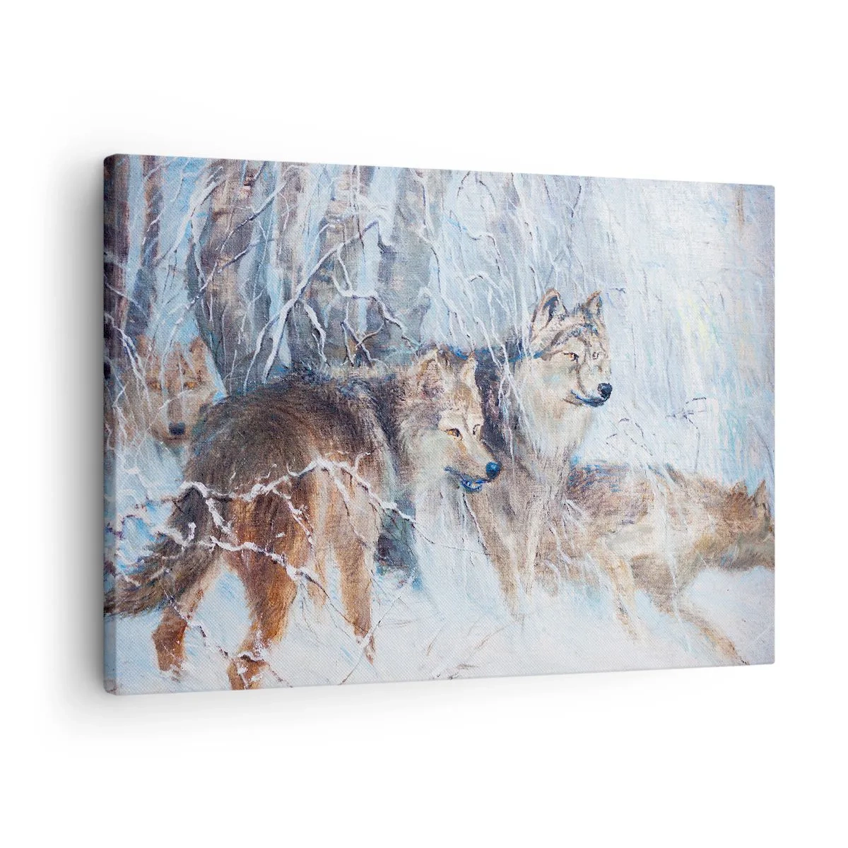 Vászonkép - Farkasok egy téli erdőben, havas háttér előtt - 70x50cm - Figyelem! Közeledik… - Modern fali dekoráció nappalihoz és hálószobához ARTTOR