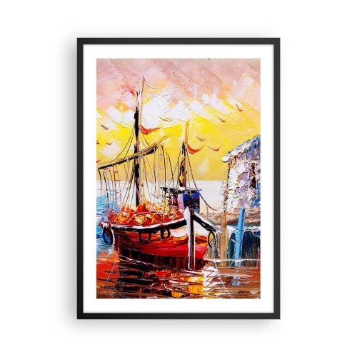 Poszter fehér keretben - Egy festői hajó a lenyugvó nap hátterében - 50x70cm - Boldog visszatérés - Modern fali dekoráció nappalihoz és hálószobához ARTTOR
