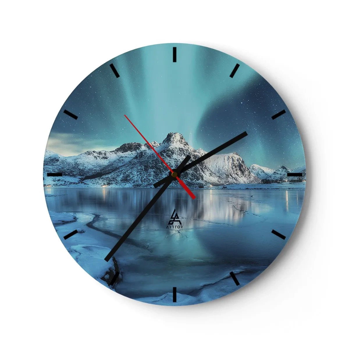 Falióra, Óra - Aurora Borealis hófödte hegyek és egy befagyott tó felett - 30x30cm - Fénynek az éjszakában - Modern fali dekoráció nappalihoz, konyhához és hálószobához ARTTOR