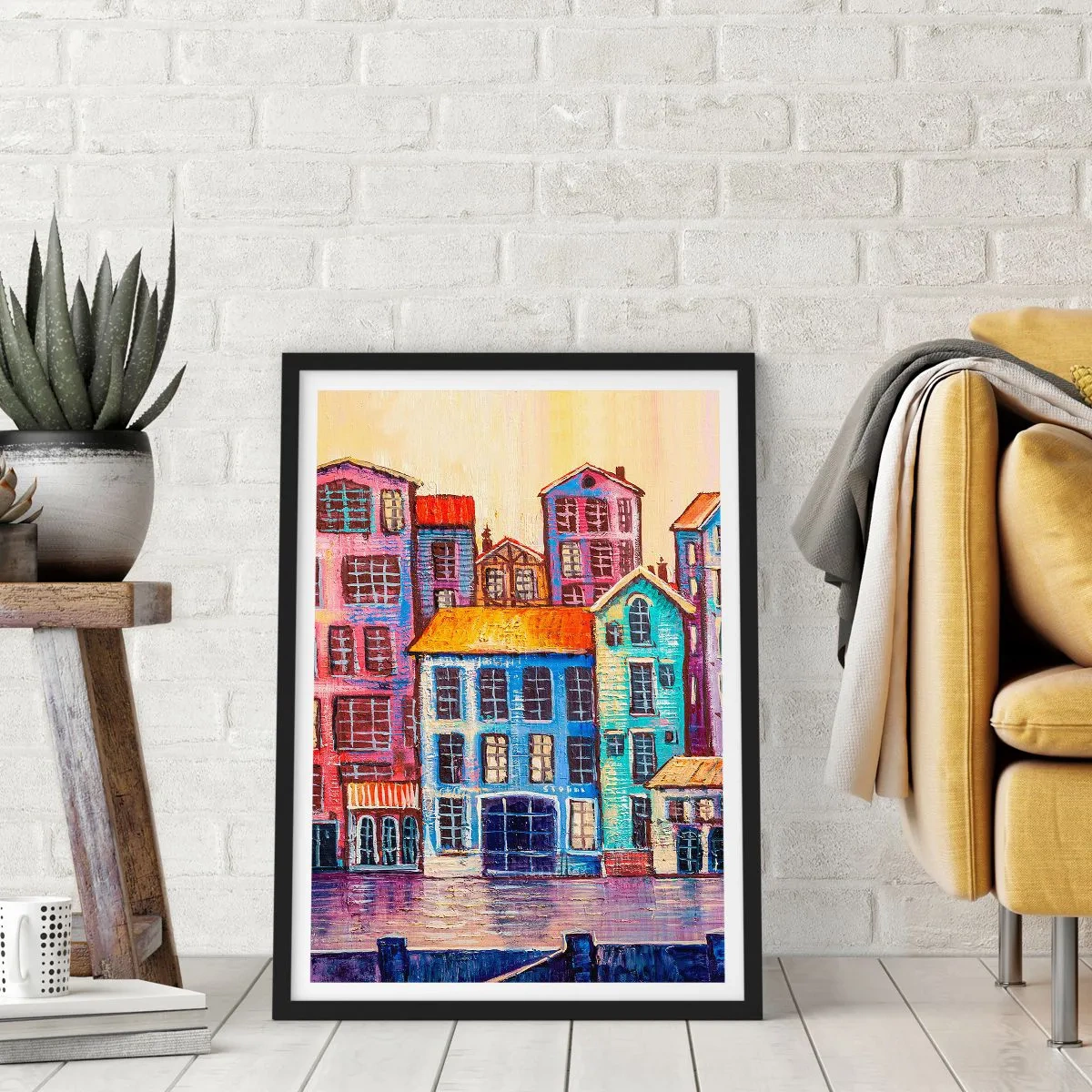 Poszter fehér keretben - Színes bérházak a vízparton festői stílusban - 50x70cm - Egy város, mint egy tündérmese - Modern fali dekoráció nappalihoz és hálószobához ARTTOR