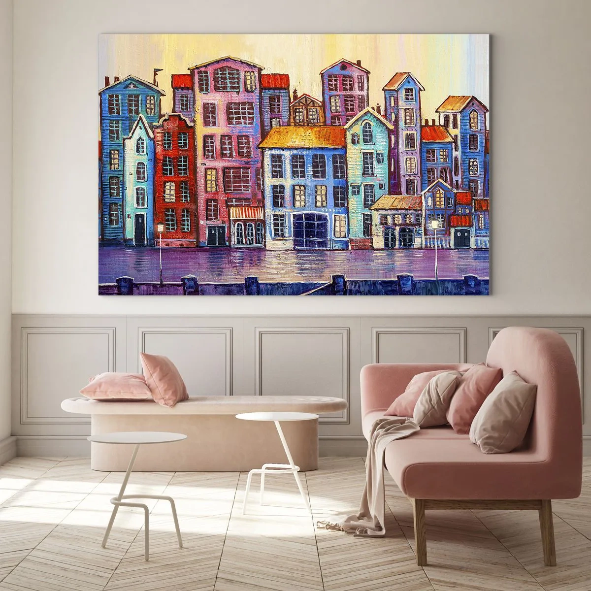 Üveg kép - Színes bérházak tükröződnek a vízben - 70x50cm - Egy város, mint egy tündérmese - Modern fali dekoráció nappalihoz és hálószobához ARTTOR