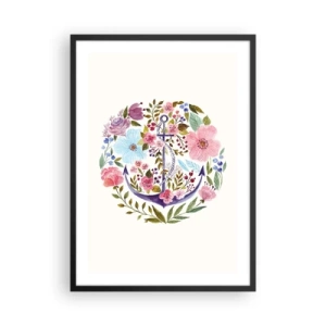 Poszter fehér keretben - Egy akvarell horgony, amelyet világos háttér előtt virágok vesznek körül. - 50x70cm - Egy tengerész jó éjszakai alvása - Modern fali dekoráció nappalihoz és hálószobához ARTTOR