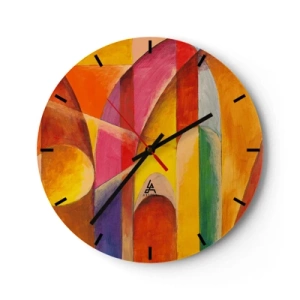 Falióra, Óra - Színes absztrakció geometriai alakzatokkal - 30x30cm - A nap katedrálisa - Modern fali dekoráció nappalihoz, konyhához és hálószobához ARTTOR
