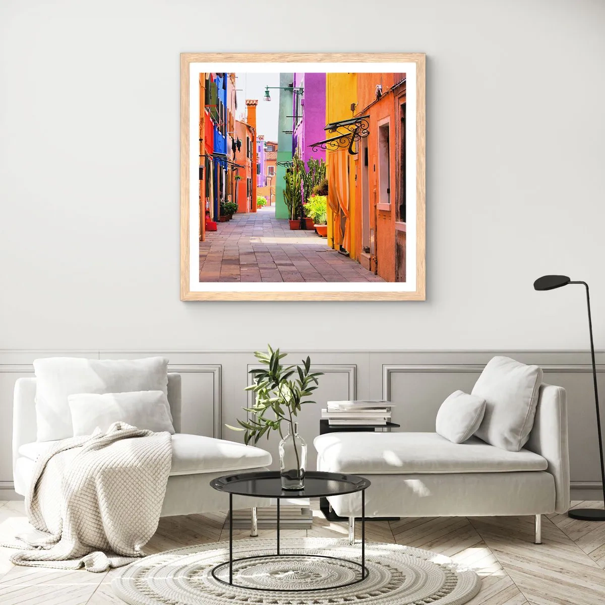 Poszter világos tölgy keretben - Szivárványos sikátor - 60x60 cm