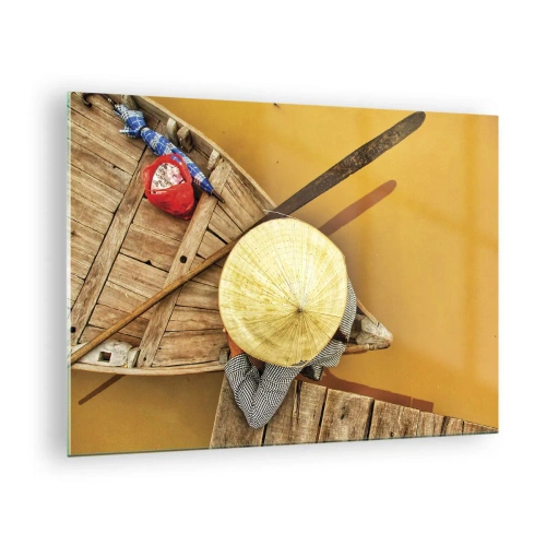 Üveg kép - Felülnézetből egy hajó és egy kúpos kalapot viselő személy - 70x50cm - Élet a Sárga-folyón - Modern fali dekoráció nappalihoz és hálószobához ARTTOR