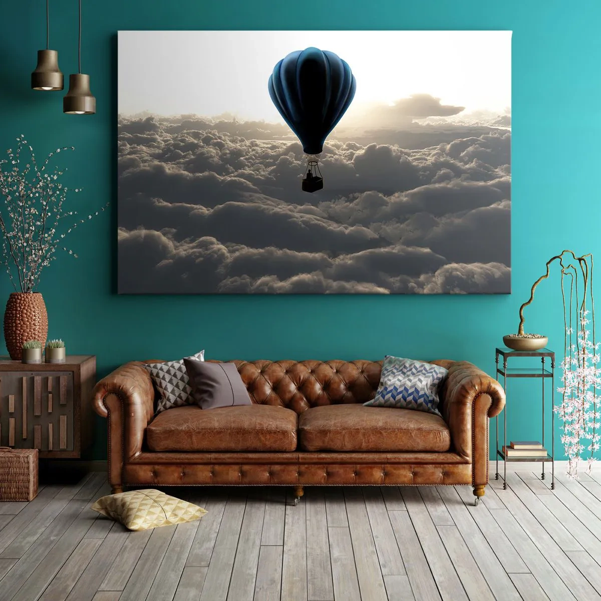 Vászonkép - Egy hőlégballon a felhős ég ellen naplementekor - 70x50cm - Egy vándor a felhők felett - Modern fali dekoráció nappalihoz és hálószobához ARTTOR