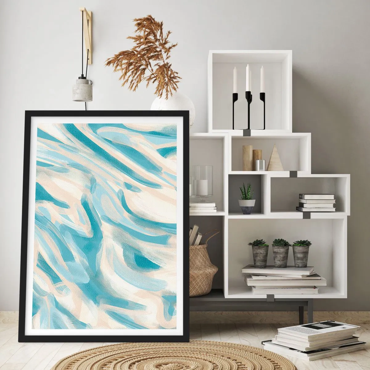 Poszter fehér keretben - Absztrakt hullámok kék és bézs árnyalatokban - 50x70cm - Tavaszi szellők - Modern fali dekoráció nappalihoz és hálószobához ARTTOR