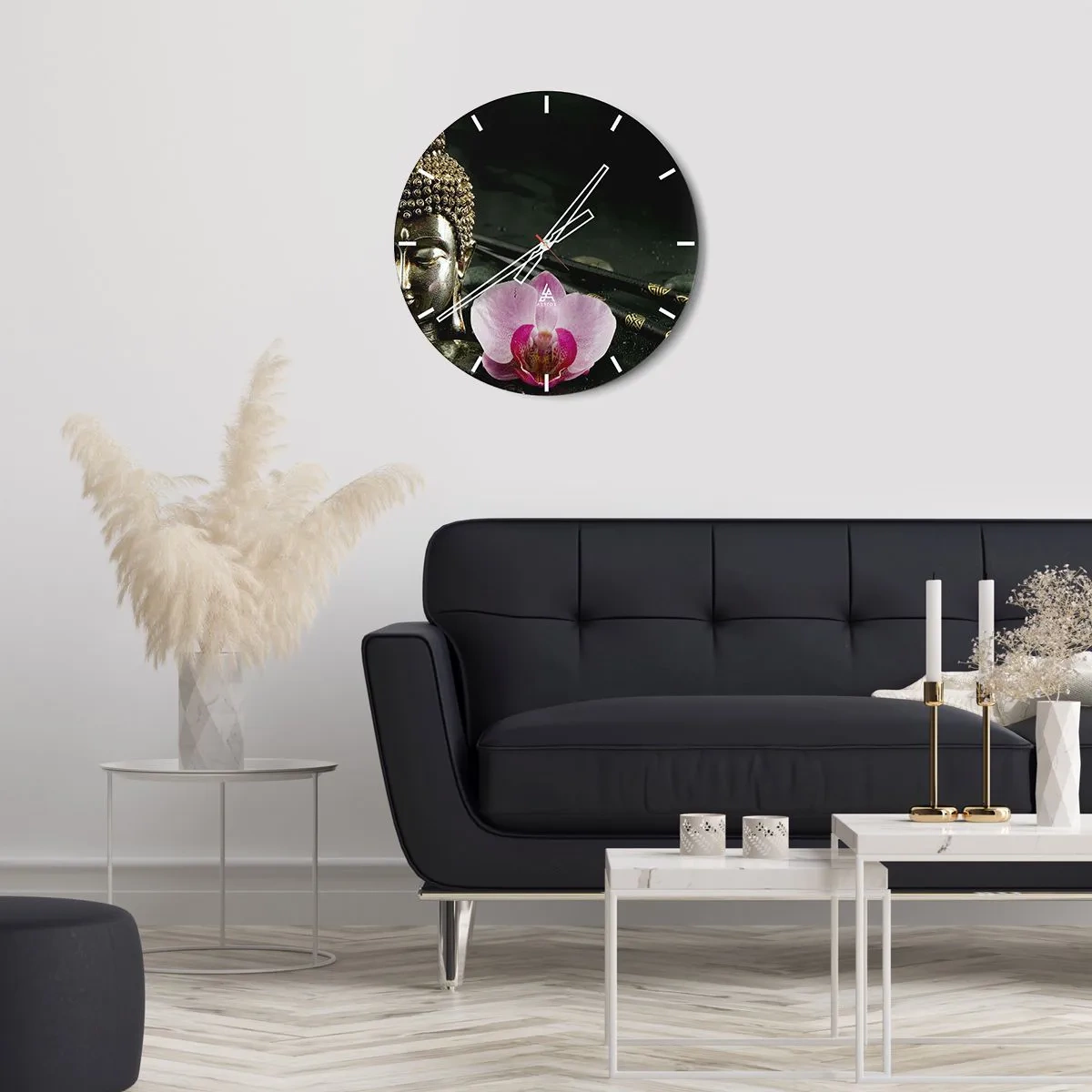 Falióra, Óra - Buddha alak orchideával keleti stílusban - 30x30cm - A bölcsesség és a szépség harmóniája - Modern fali dekoráció nappalihoz, konyhához és hálószobához ARTTOR