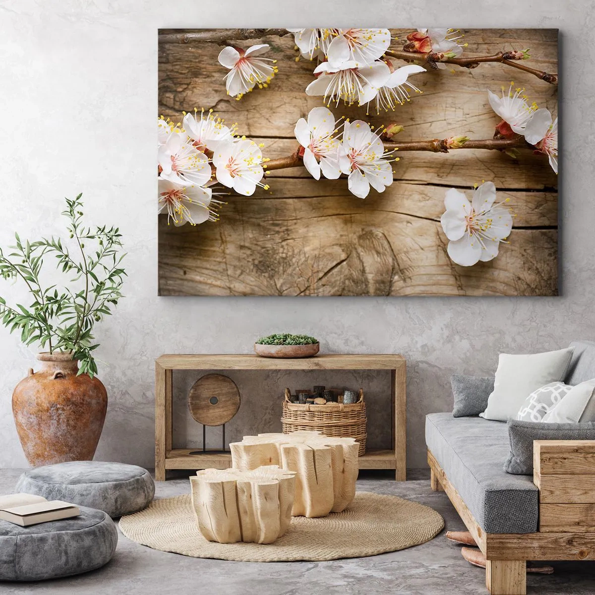 Vászonkép - Virágzó cseresznyefák ágai egy fából készült sakktáblán háttér - 70x50cm - És tavasz lett - Modern fali dekoráció nappalihoz és hálószobához ARTTOR