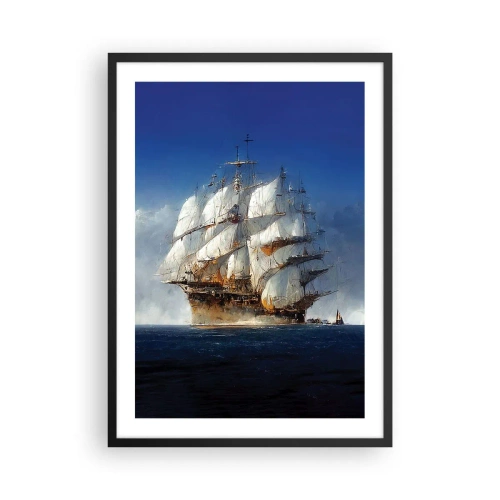 Poszter fehér keretben - Egy vitorlás hajó a nyílt tengeren teljes vitorlával a napfényben - 50x70cm - The great glory! - Modern fali dekoráció nappalihoz és hálószobához ARTTOR
