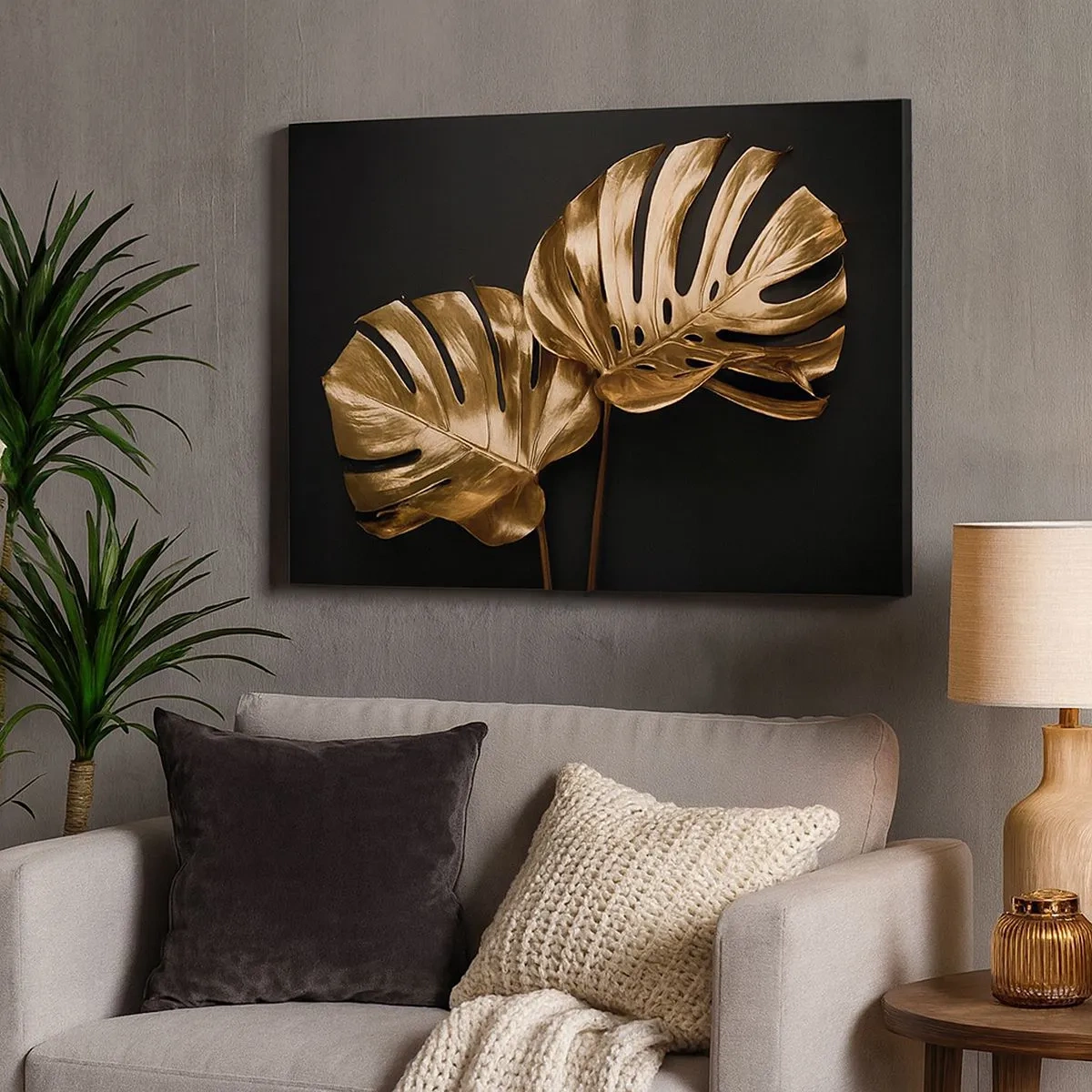Vászonkép - Arany monstera levelek fekete háttéren - 70x50cm - A természet kincsei - Modern fali dekoráció nappalihoz és hálószobához ARTTOR
