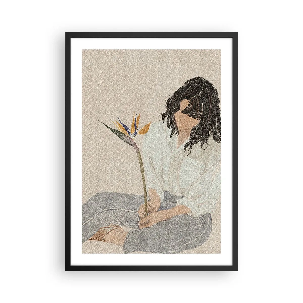 Poszter fehér keretben - Portré egy nőről, aki egzotikus virágot tart a kezében, finom színfolttal. - 50x70cm - Portré egy egzotikus virággal - Modern fali dekoráció nappalihoz és hálószobához ARTTOR