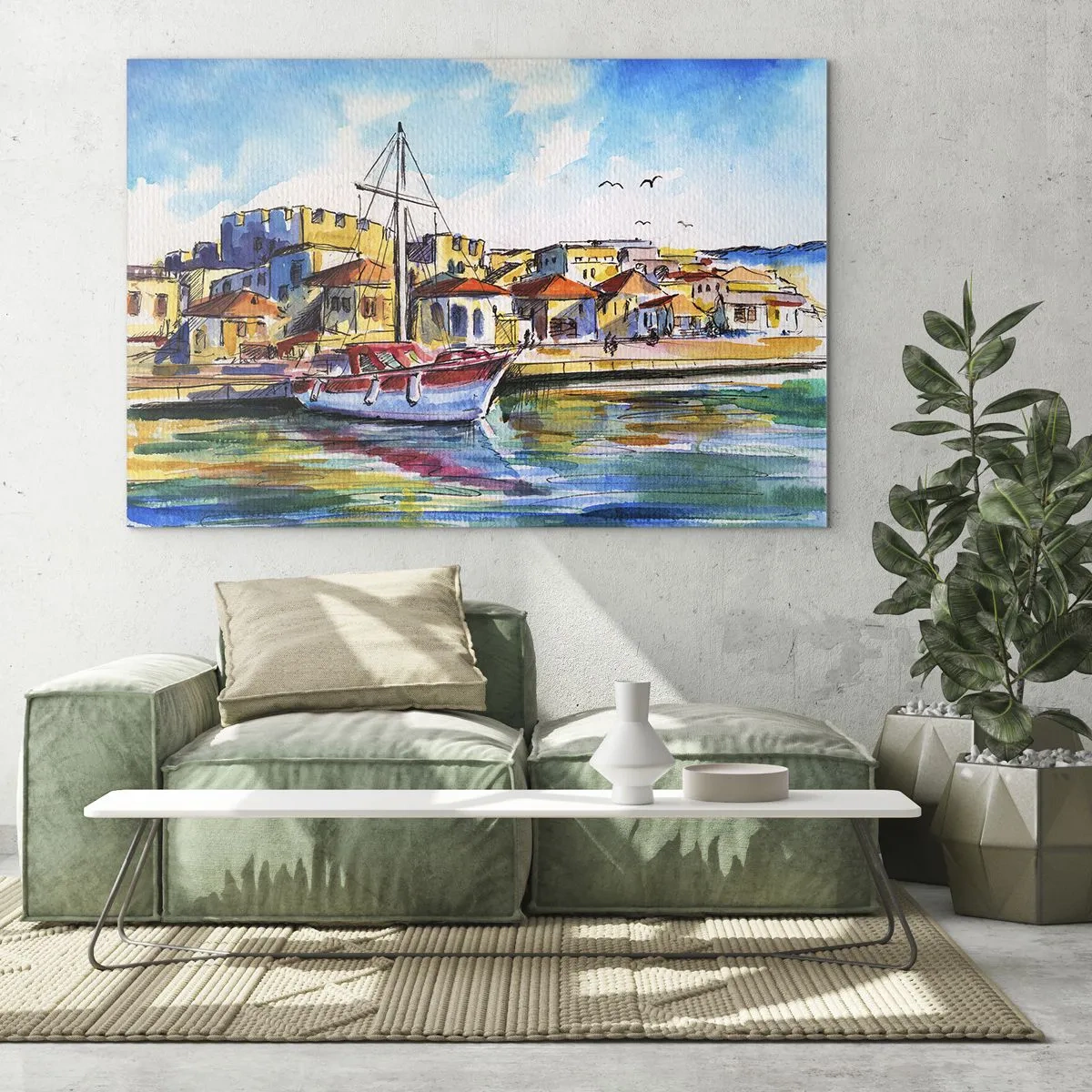Üveg kép - Színes kikötő vitorláshajóval és mediterrán építészettel - 70x50cm - Szivárványos délután - Modern fali dekoráció nappalihoz és hálószobához ARTTOR