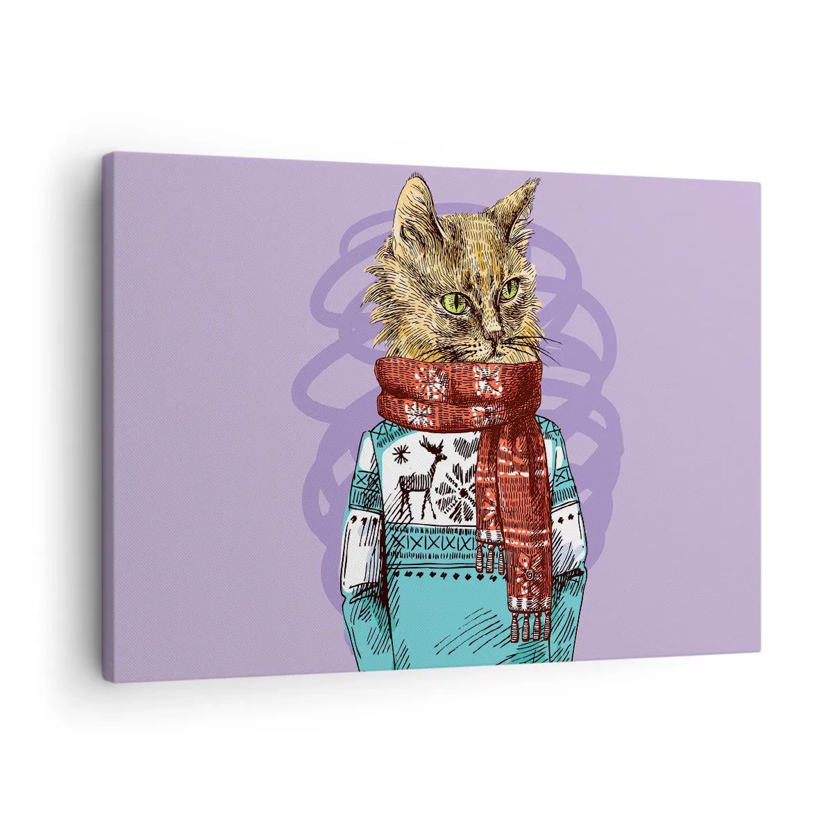 Vászonkép - Egy macska pulóverben és sálban, lila háttér előtt - 70x50cm - Kandúr nem csak a csizmában - Modern fali dekoráció nappalihoz és hálószobához ARTTOR