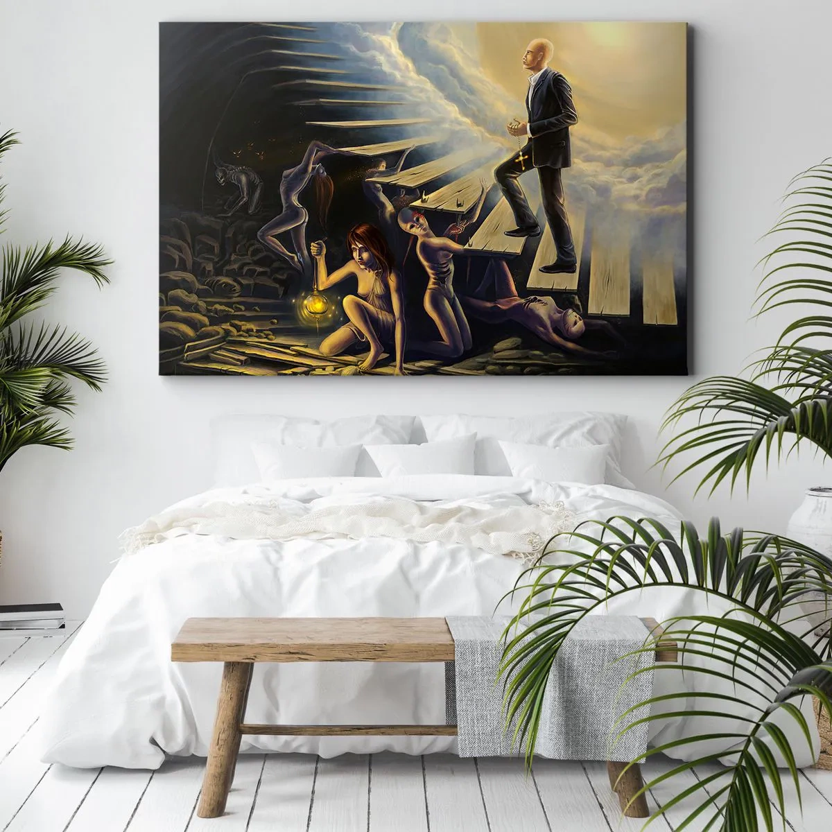 Vászonkép - Egy szimbolikus jelenet a fényhez vezető útról egy romos lépcsőn keresztül - 70x50cm - Dante-i utazás a fény felé - Modern fali dekoráció nappalihoz és hálószobához ARTTOR