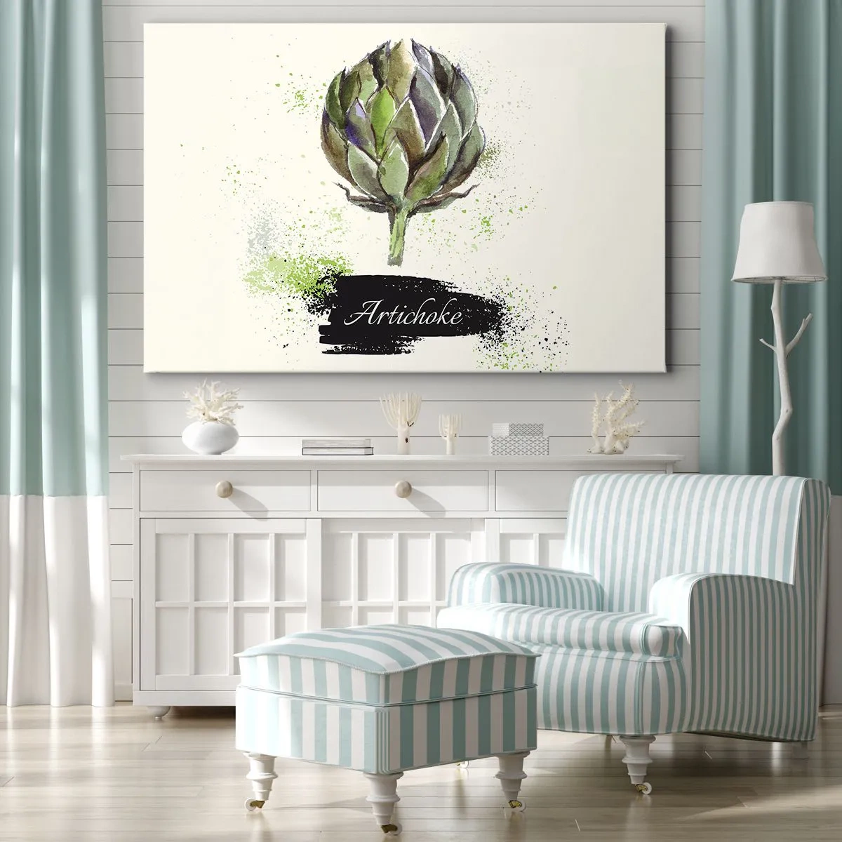 Vászonkép - Akvarell articsóka szöveggel világos háttéren, zöld díszítéssel - 70x50cm - Eviva zöldségek! - Modern fali dekoráció nappalihoz és hálószobához ARTTOR