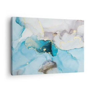 Vászonkép - Kék és arany árnyalatú absztrakció finom vonalakkal - 70x50cm - Tanulmány a szürke és a türkiz találkozásáról - Modern fali dekoráció nappalihoz és hálószobához ARTTOR