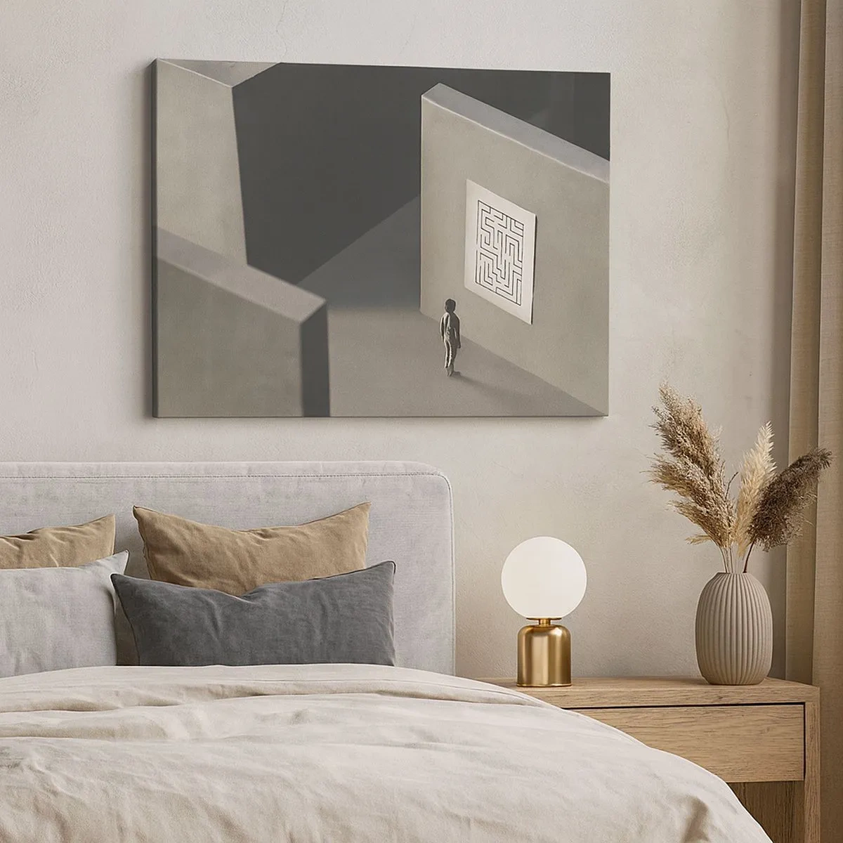 Vászonkép - Egy labirintusban lévő alak egy függő térképet néz - 70x50cm - De én hol vagyok? - Modern fali dekoráció nappalihoz és hálószobához ARTTOR