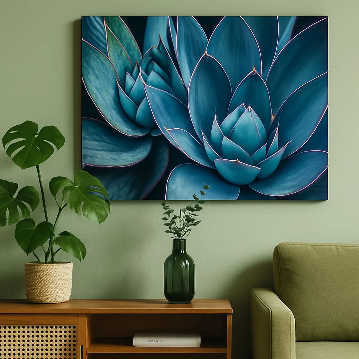 Vászonkép - Agave kék és zöld árnyalatokban, rózsaszín díszítéssel - 70x50cm - Életerő - Modern fali dekoráció nappalihoz és hálószobához ARTTOR