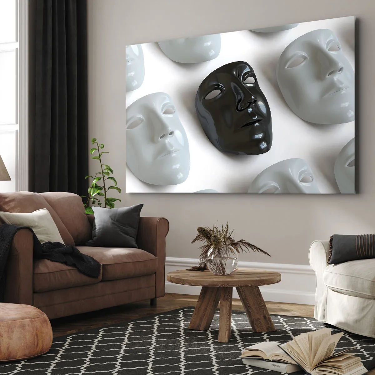 Vászonkép - Fekete-fehér maszkok világos háttér előtt - 70x50cm - Hogyan lehet kitűnni? - Modern fali dekoráció nappalihoz és hálószobához ARTTOR
