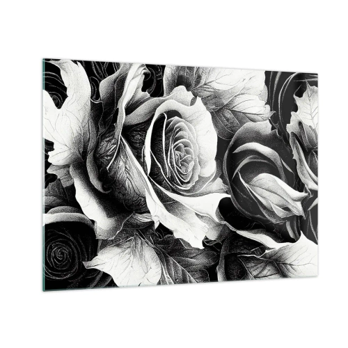Üveg kép - Fekete-fehér rózsa virágkompozíció részletekkel - 70x50cm - Mindig a királynő - Modern fali dekoráció nappalihoz és hálószobához ARTTOR