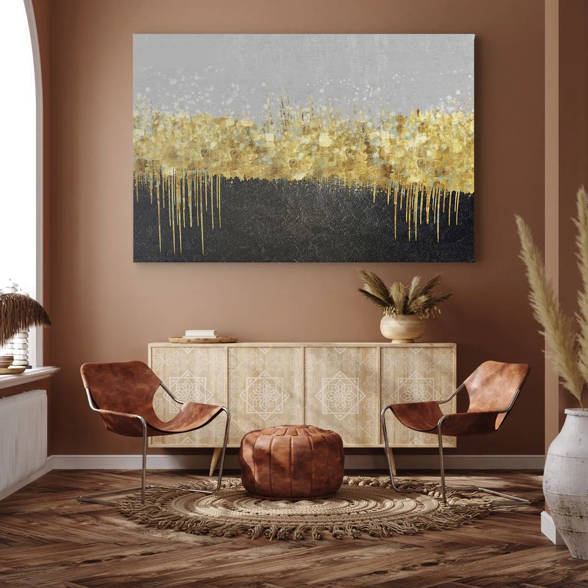 Vászonkép - Absztrakt kompozíció arany és fekete árnyalatokban - 70x50cm - Befelé és felfelé - Modern fali dekoráció nappalihoz és hálószobához ARTTOR