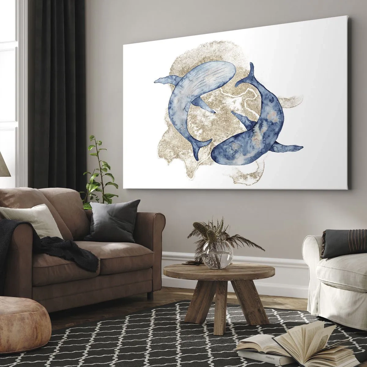 Vászonkép - Absztrakt kék bálnák világos háttérrel - 70x50cm - Barátság vagy szerelem? - Modern fali dekoráció nappalihoz és hálószobához ARTTOR