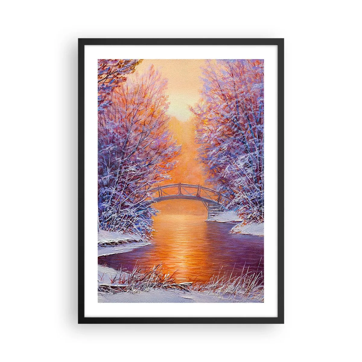 Poszter fehér keretben - Téli táj egy híddal és a lenyugvó nap tükröződésével a folyóban - 50x70cm - Találkozzunk itt - Modern fali dekoráció nappalihoz és hálószobához ARTTOR