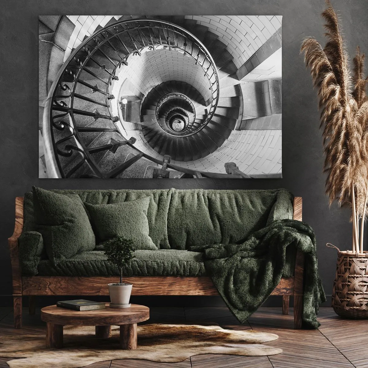 Vászonkép - Fekete-fehér fénykép egy csigalépcsőről felülről lefelé néző perspektívából - 70x50cm - Feljebb es feljebb - Modern fali dekoráció nappalihoz és hálószobához ARTTOR