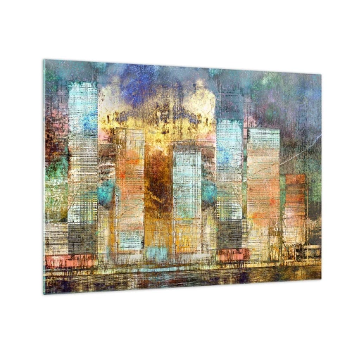 Üveg kép - Színes absztrakt panoráma a városi felhőkarcolókról művészi stílusban - 70x50cm - Napfényes metropolisz - Modern fali dekoráció nappalihoz és hálószobához ARTTOR