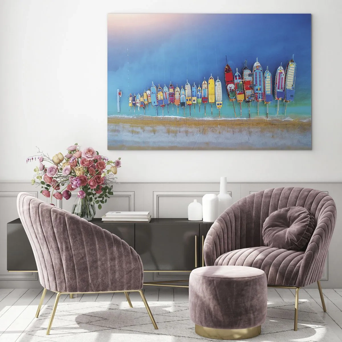 Üveg kép - Színes hajók a türkizkék tenger partján - 70x50cm - Madártávlatból - Modern fali dekoráció nappalihoz és hálószobához ARTTOR