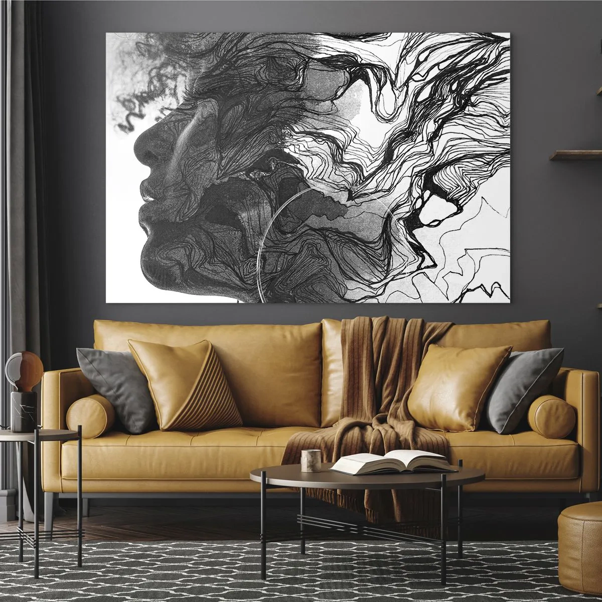 Üveg kép - Fekete-fehér sziluettje egy nőnek absztrakt vonalakkal - 70x50cm - Álmokba gabalyodva - Modern fali dekoráció nappalihoz és hálószobához ARTTOR