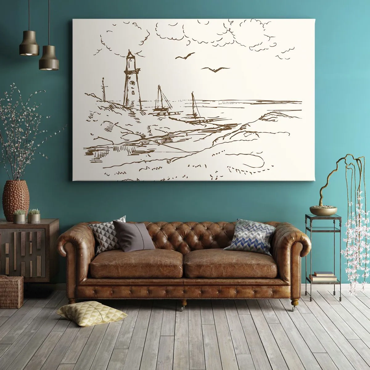 Vászonkép - Vázlat egy tengerre néző világítótoronyról - 70x50cm - A nyár emlékeinek vázlata - Modern fali dekoráció nappalihoz és hálószobához ARTTOR