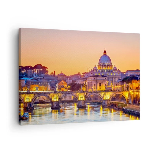 Vászonkép - A Vatikán panorámája naplementekor egy híddal a folyó felett - 70x50cm - Naplemente az örök város felett - Modern fali dekoráció nappalihoz és hálószobához ARTTOR