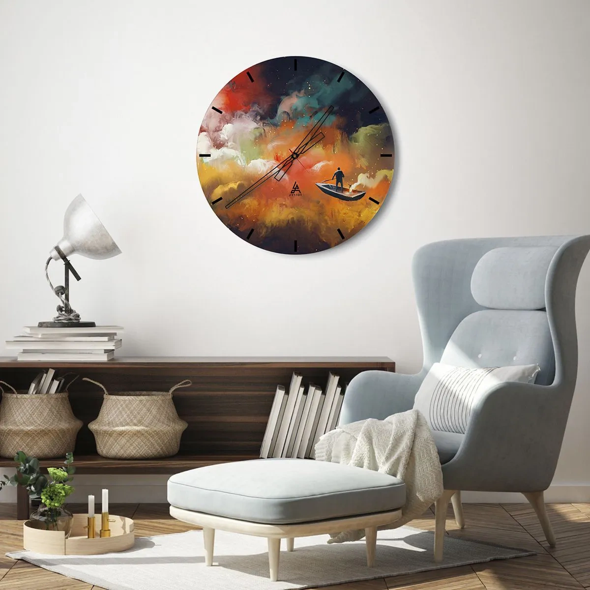 Falióra, Óra - Egy alak egy hajón egy szürreális, színes tájban - 30x30cm - Hajóval a galaxison keresztül - Modern fali dekoráció nappalihoz, konyhához és hálószobához ARTTOR