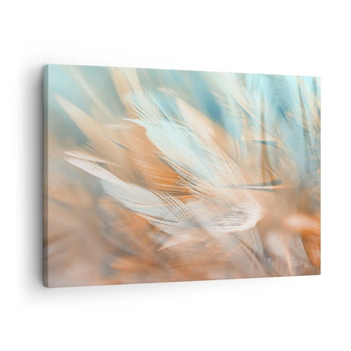 Vászonkép - Finom tollak pasztell kék és narancssárga árnyalatokban - 70x50cm - A szelídség földjén - Modern fali dekoráció nappalihoz és hálószobához ARTTOR